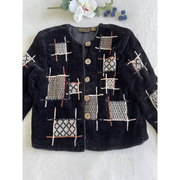 VTG Alex Kim Velvet Blend Button Jacket Abstract Embroidory Design Grandmacore - Picture 2 of 11